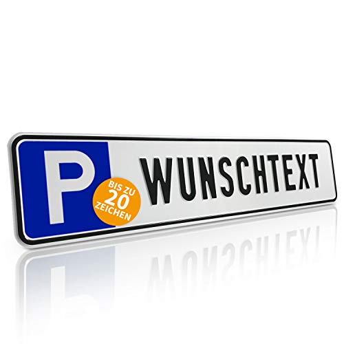 Betriebsausstattung24® Individuelles Parkplatzschild mit Wunschprägung/Wunschtext mit P-Symbol | BxH 52,0 x 11,0 cm | Autoschild Aluminium geprägt | mit/ohne Löcher weiß